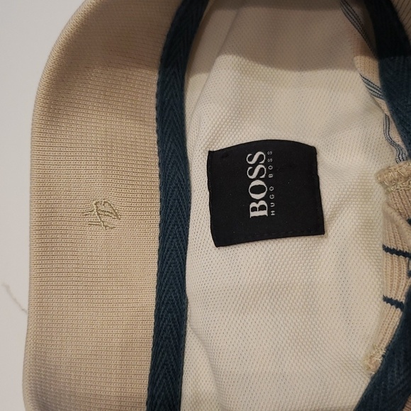 Boss Golf Shirt Men's Beige Blue stripes Size tag missing Polo shirt M - Picture 4 of 12